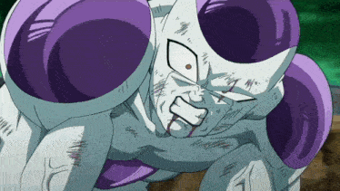 a close up of a cartoon character with purple arms and a purple shirt