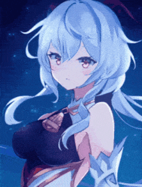 a girl with long blue hair and red eyes is holding a sword