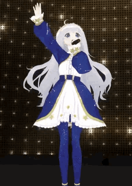 a girl with long white hair is singing into a microphone while wearing a blue and white dress