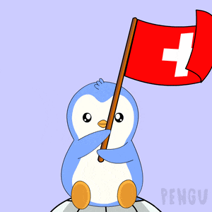 a penguin is holding a swiss flag with a white cross on it