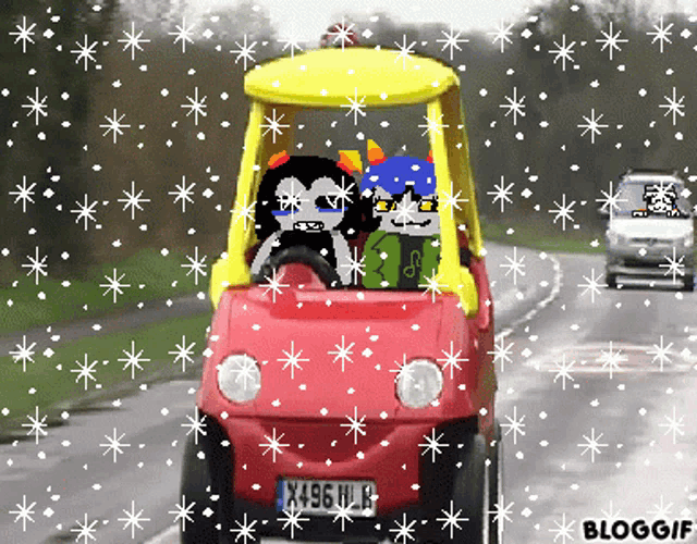 a cartoon of two trolls in a little tikes car with snow falling around them