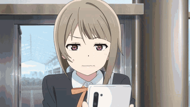 a girl with brown hair and red eyes is holding a phone in her hand