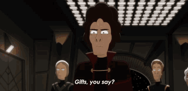 a cartoon character says gifts you say in a dark room