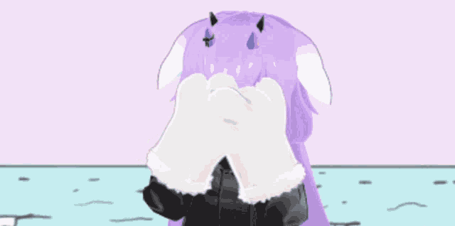 a girl with purple hair is wearing a black sweater and white paw gloves