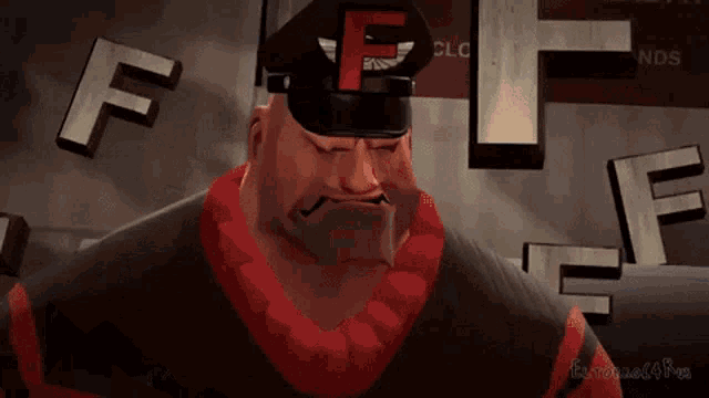 a cartoon character wearing a hat with a letter f on it