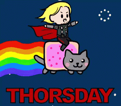 a cartoon of thor riding on the back of a cat with the words thorsday below him