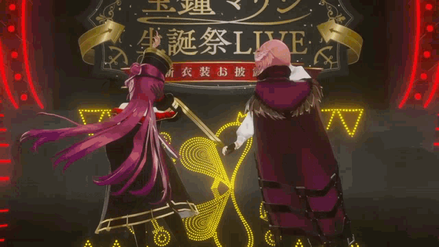 two anime characters standing in front of a sign that says " live "
