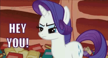 a cartoon pony is standing in front of a pile of books and says hey you !