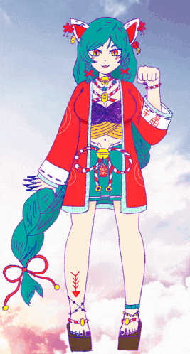 a drawing of a girl with chinese writing on her sleeves