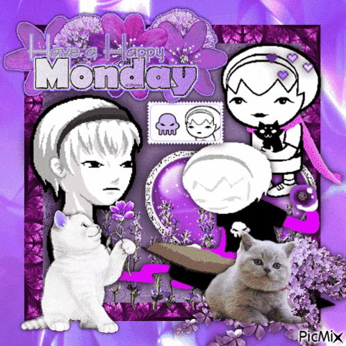 a purple background with cartoon characters and the words have a happy monday on it