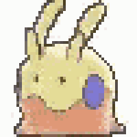 a pixel art drawing of a yellow rabbit with long ears and a blue eye .