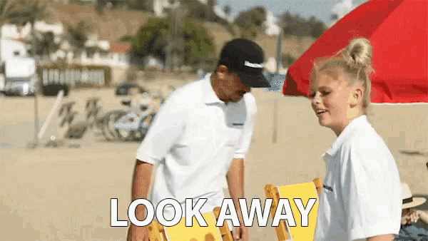 a man and a girl are standing on a beach with the words look away written above them