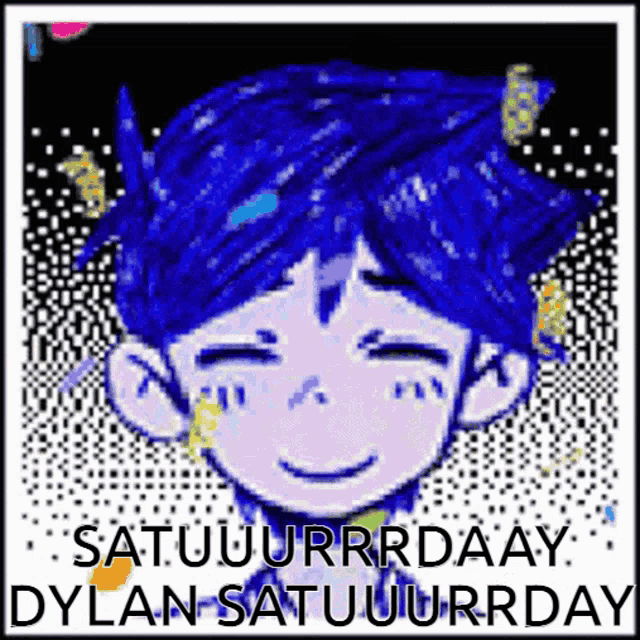 a drawing of a boy with blue hair and the words satuuurrdaay dylan satuuurrday on the bottom