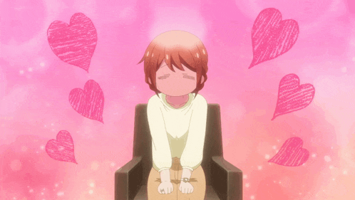 a girl is sitting in a chair with her eyes closed surrounded by hearts