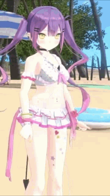 a purple haired anime girl is standing on a beach wearing a bikini .