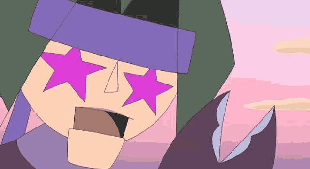 a cartoon drawing of a man with purple stars on his eyes