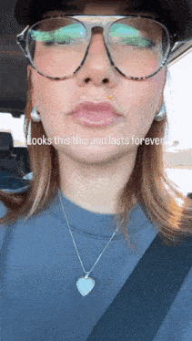 a woman wearing glasses and a necklace with the words looks this this and lasts forever