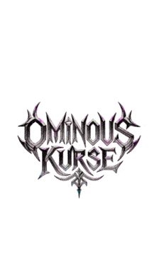 a logo for ominous curse is surrounded by purple and blue smoke