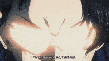 a close up of a person 's face with the words try and get past me written below it