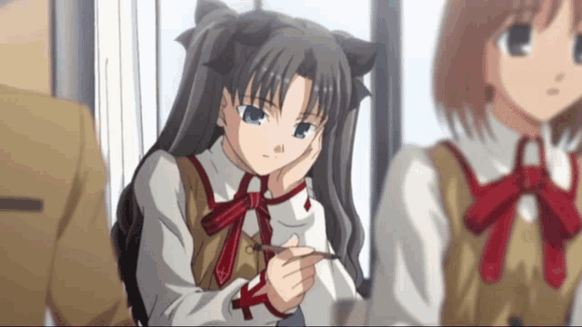a girl in a school uniform with a red x on her shirt