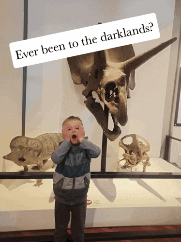 a young boy making a face in front of a triceratops skeleton with the caption ever been to the darklands