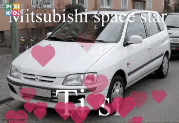 a white mitsubishi space star is surrounded by hearts