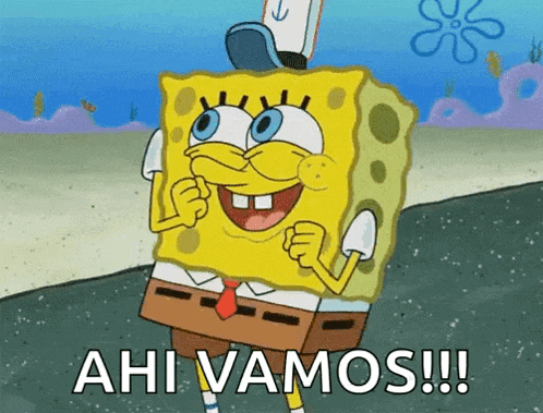 a cartoon of spongebob saying " ahi vamos " in spanish