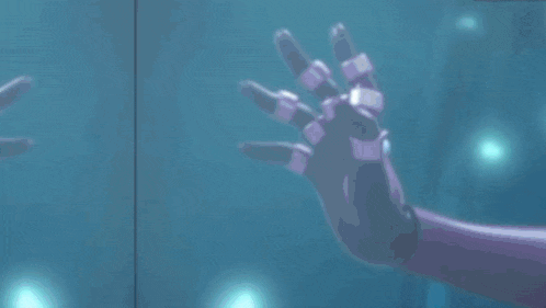 a purple hand is reaching out towards a blue background