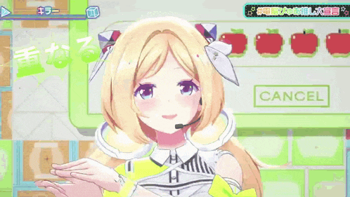 a 3d anime girl with blonde hair and a microphone on her head