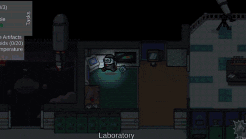 a cartoon drawing of a laboratory with a red stripe coming out of it