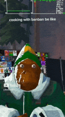 a monkey with a green hat is cooking with banban be like on youtube