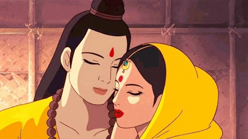 a cartoon of a man and a woman kissing each other .
