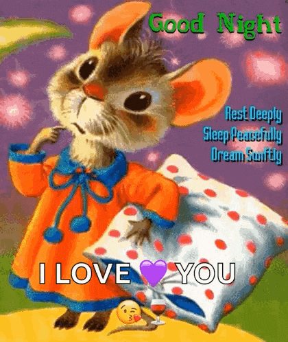 a cartoon mouse is standing next to a pillow with the words `` good night '' written on it .