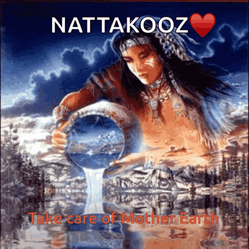 a painting of a woman pouring water with the words nattakooz take care of mother earth below her