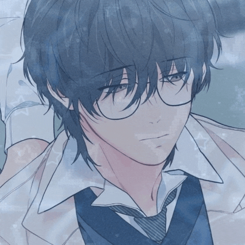 a drawing of a boy with glasses and blue hair