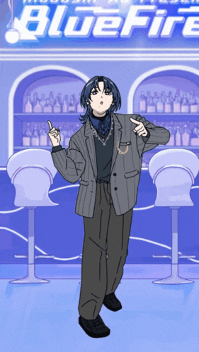 a cartoon drawing of a man standing in front of a blue fire sign