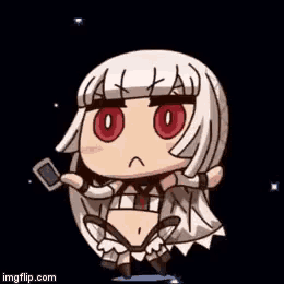 a cartoon of a girl with white hair and red eyes is holding a cell phone .