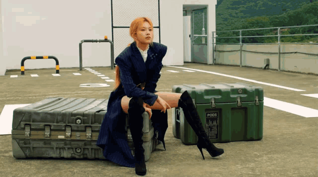 a woman sits on a suitcase that says ' posr ' on it