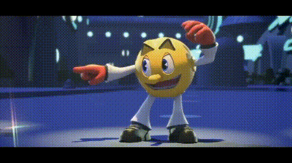 pac man is dancing on a stage in a video game and pointing at the camera .