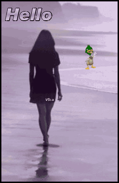 a picture of a woman walking on a beach with the words hello written on it