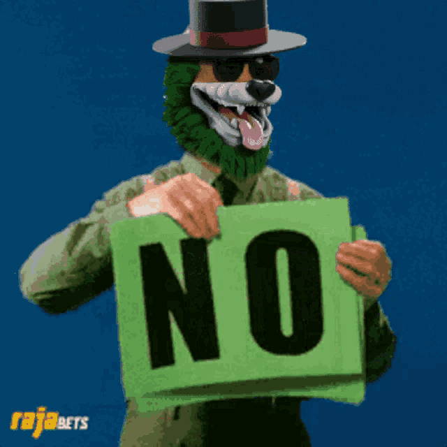 a man wearing a top hat and suspenders is holding a green sign that says no