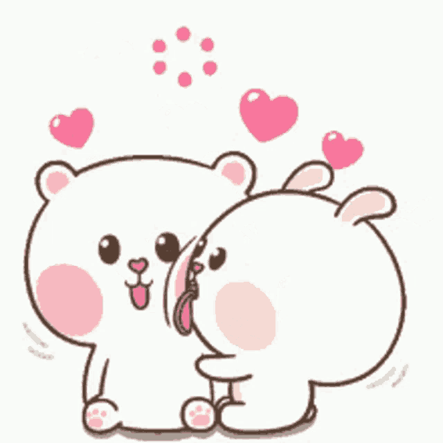 a cartoon of a bear and a rabbit kissing with pink hearts behind them .