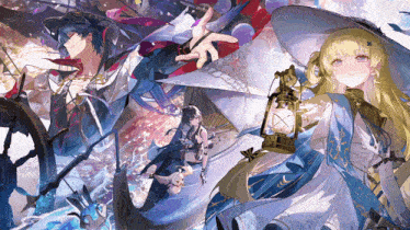 a group of anime characters are standing next to each other holding lanterns