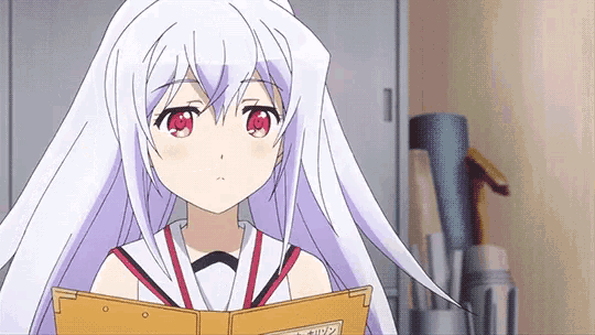 a girl with long white hair is reading a book .