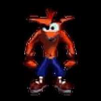 crash bandicoot from the video game crash bandicoot is standing in a dark room with his arms outstretched .