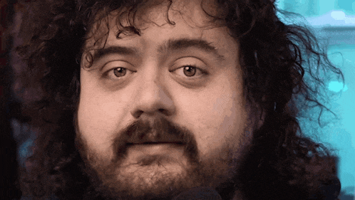 a close up of a man 's face with a beard and curly hair