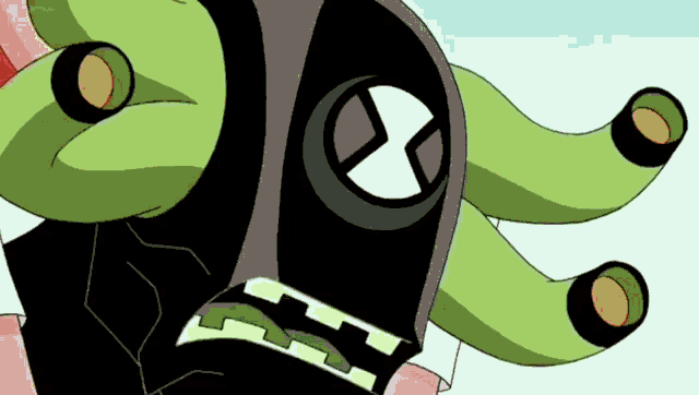 a close up of a cartoon character 's face with a mask on .