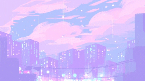 a cartoon illustration of a city at night with a pink sky