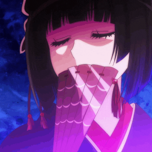 a girl with a fan covering her mouth in a purple background