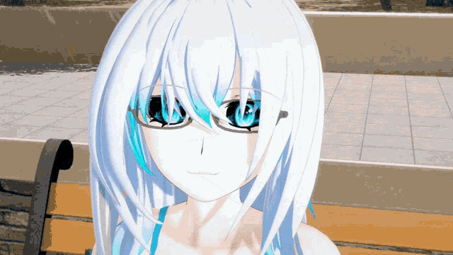 a cartoon character with white hair and blue eyes is sitting on a bench